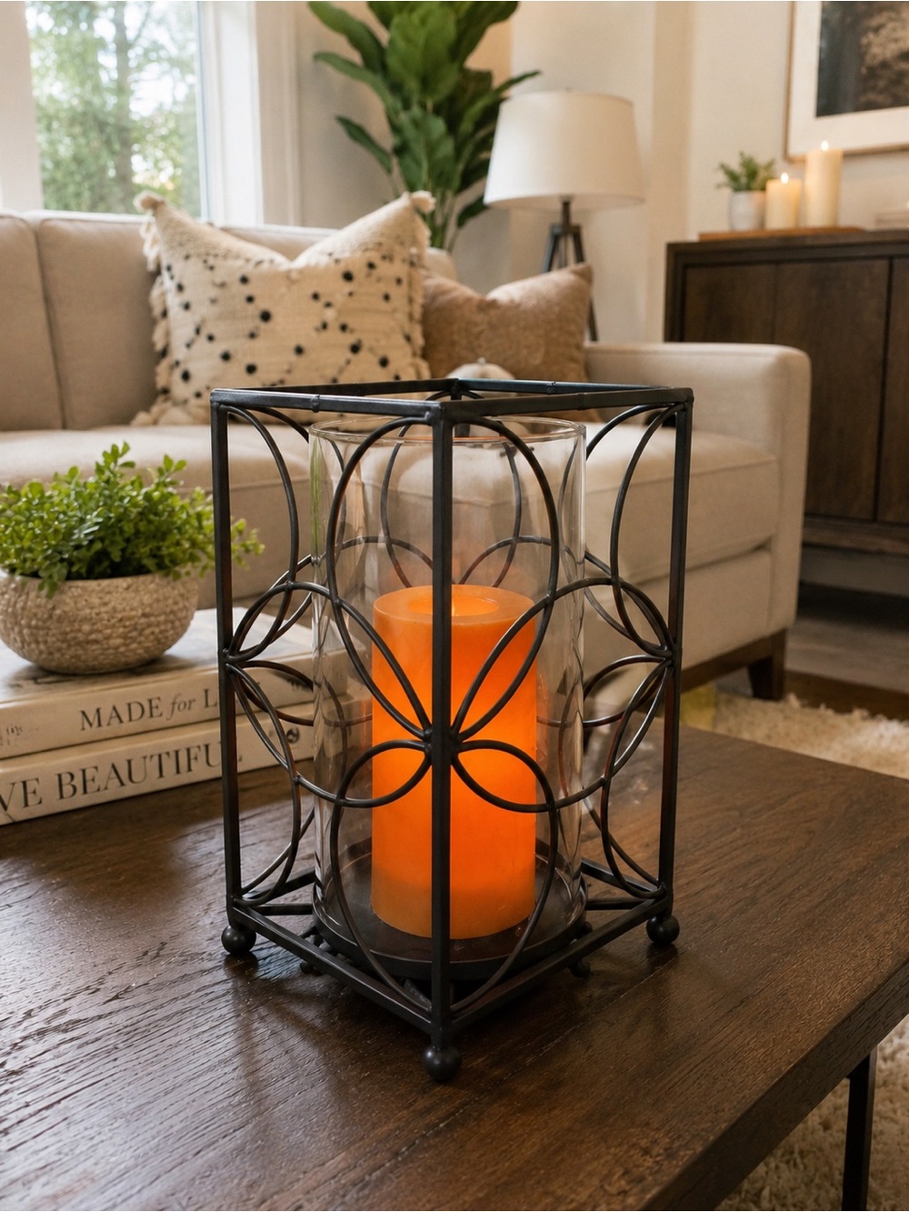 Decorative Black Metal Candle Lantern with Orange Pillar Candle